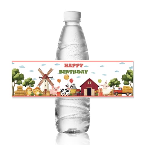 ANATTASOUL 30 Stück Wasserflaschenetiketten wasserdichte Etiketten 21.6x6.4 cm Großes Flaschenetikett “Geburtstag mit Bauernhoftier” Selbstklebende Aufkleber Für Geburtstagsparty Dekorationen von ANATTASOUL