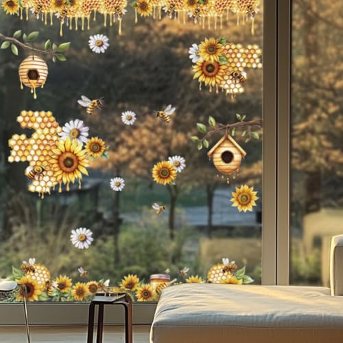 ANATTASOUL Fensterbilder Doppelseitig Bienen und Sonnenblumen Fensterdeko Wiederverwendbar Fenstersticker Blickdichter Fenster Aufkleber Deko Frühling Sommer für Glas Kinderzimmer Badezimmer von ANATTASOUL