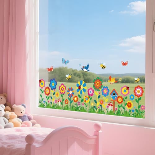 ANATTASOUL Fensterbilder Doppelseitig Blüten und Vogel Fensterdeko Wiederverwendbar Fenstersticker Blickdichter Fenster Aufkleber Deko Frühling Sommer für Kinderzimmer Badezimmer von ANATTASOUL