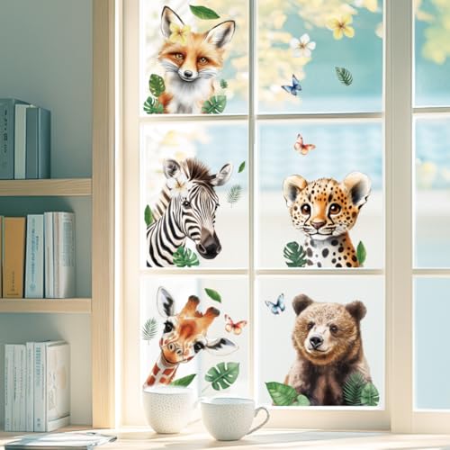 ANATTASOUL Fensterbilder Doppelseitig Giraffe und Braunbär Fensterdeko Wiederverwendbar Fenstersticker Selbstklebend Fenster Aufkleber Deko Frühling Sommer für Glas Kinderzimmer Badezimmer von ANATTASOUL