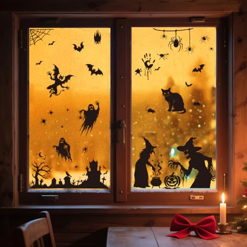 ANATTASOUL Fensterbilder Doppelseitig Hexengeist und Katze Halloween Fensterdeko Wiederverwendbar Fenstersticker Blickdichter Fenster Aufkleber Deko Herbst Winter für Wohnzimmer Badezimmer von ANATTASOUL