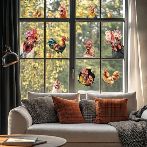 ANATTASOUL Fensterbilder Doppelseitig Huhn und Eier Fensterdeko Wiederverwendbar Fenstersticker Blickdichter Fenster Aufkleber Deko Frühling Sommer für Glas Kinderzimmer Badezimmer von ANATTASOUL