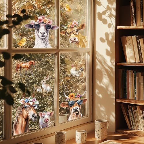 ANATTASOUL Fensterbilder Doppelseitig Kuh und Pferd Fensterdeko Wiederverwendbar Fenstersticker Selbstklebend Fenster Aufkleber Deko Frühling Sommer für Glas Kinderzimmer Badezimmer von ANATTASOUL