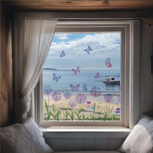ANATTASOUL Fensterbilder Doppelseitig Löwenzahn Schmetterling Fensterdeko Wiederverwendbar Fenstersticker Blickdichter Fenster Aufkleber Deko Frühling Sommer für Glas Kinderzimmer Badezimmer von ANATTASOUL