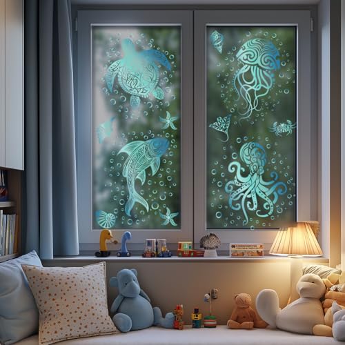ANATTASOUL Fensterbilder Doppelseitig Oktopus und Schildkröte Fensterdeko Wiederverwendbar Fenstersticker Blickdichter Fenster Aufkleber Deko Frühling Sommer für Glas Kinderzimmer Badezimmer von ANATTASOUL
