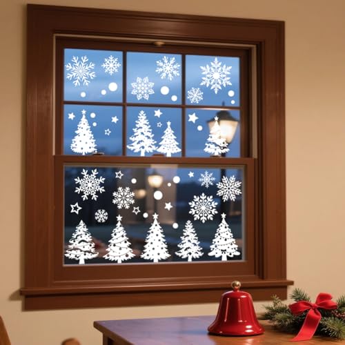 ANATTASOUL Fensterbilder Doppelseitig Schneeflocken und Weihnachtsbaum Fensterdeko Wiederverwendbar Fenstersticker Blickdichter Fenster Aufkleber Deko Herbst Winter für Kinderzimmer Badezimmer von ANATTASOUL