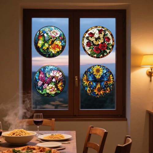 ANATTASOUL Fensterbilder Doppelseitig Sonnenblume Und Schmetterling Fensterdeko Wiederverwendbar Fenstersticker Blickdichter Fenster Aufkleber Deko Herbst Winter für Wohnzimmer Badezimmer von ANATTASOUL