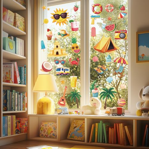 ANATTASOUL Fensterbilder Doppelseitig Strand-Elemente Fensterdeko Wiederverwendbar Fenstersticker Selbstklebend Fenster Aufkleber Deko Frühling Sommer für Glas Kinderzimmer Badezimmer von ANATTASOUL