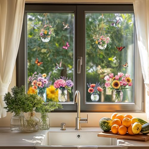 ANATTASOUL Fensterbilder Doppelseitig Vase Schmetterling Kolibri Fensterdeko Wiederverwendbar Fenstersticker Selbstklebend Fenster Aufkleber Deko Frühling Sommer für Glas Kinderzimmer Badezimmer von ANATTASOUL
