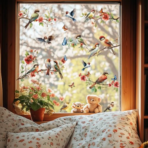 ANATTASOUL Fensterbilder Doppelseitig Vögel, Äste und Schmetterlinge Fensterdeko Wiederverwendbar Fenstersticker Selbstklebend Fenster Aufkleber Deko Frühling Sommer für Glas Kinderzimmer Badezimmer von ANATTASOUL