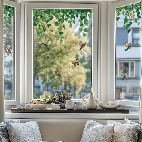 ANATTASOUL Fensterbilder Doppelseitig Weinrebe und Vogel Fensterdeko Wiederverwendbar Fenstersticker Blickdichter Fenster Aufkleber Deko Frühling Sommer für Glas Kinderzimmer Badezimmer von ANATTASOUL