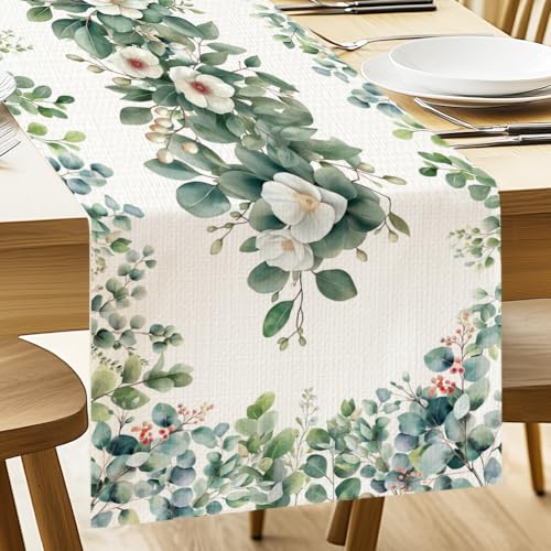 ANATTASOUL Tischläufer Eukalyptus-Blätter und Blumen, Saisonnal Sommer Küche Tisch Dekoration Drinnen Urlaub Party Dekor 33x183 cm ANATTASOUL Tischläufer Eukalyptus-Blätter und Blumen, Saisonnal Sommer Küche Tisch Dekoration Drinnen Urlaub Party Dekor 33x183 cm von ANATTASOUL
