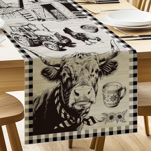 ANATTASOUL Tischläufer Kuh und Traktor Bauernhof, Saisonnal Sommer Küche Tisch Dekoration Drinnen Urlaub Party Dekor 33x183 cm von ANATTASOUL