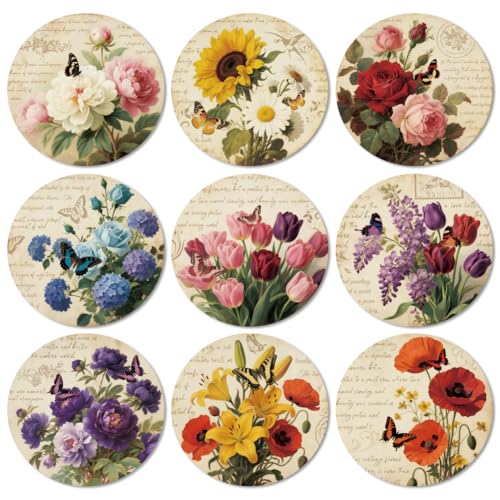 ANATTASOUL Untersetzer Holz Rund, 9 Stück RetroBlumen n Holzuntersetzer Wiederverwendbare Holz Rund Untersetzer, Tasse Coaster Mat für Zuhause Büro und Bar Tischdeko Sommer von ANATTASOUL