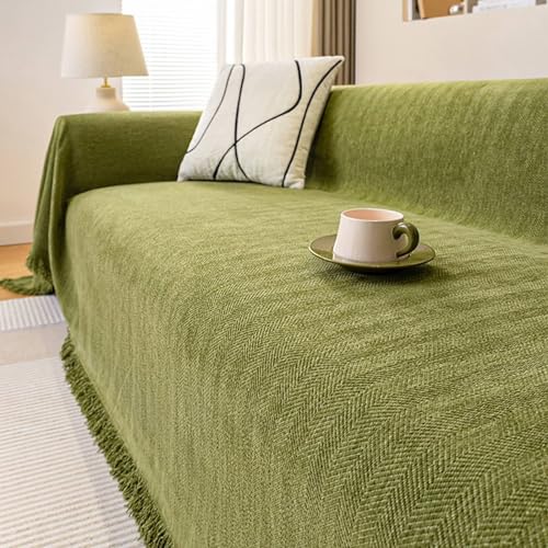 ANAZOZ Couchbezug 4 Sitzer, Sofaüberwurf Chenille Fischgrätenmuster Einfarbig Grün mit Fransen Bezug für Sofa 180x380 von ANAZOZ