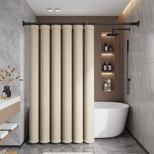 ANAZOZ Duschvorhang 240x200 Beige, Badvorhang Polyester Waschbar Anti Schimmel Duschgardine Leinenoptik mit Ringen von ANAZOZ