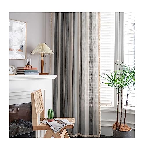 ANAZOZ Gardinenschals mit Kräuselband 2er Set, Voile Vorhänge Fenster Wohnzimmer Baumwolle 132x214cm Graue Streifen mit Quaste von ANAZOZ