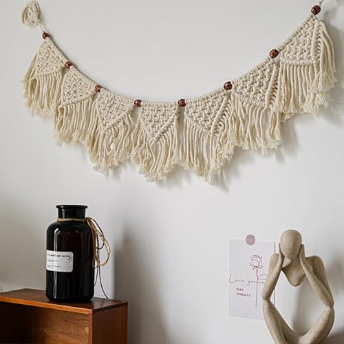 ANAZOZ Makramee Wandbehang Groß, Wandbehang Boho Deko Wimpel Makramee Wandteppich Baumwolle Gewebte Beige - Makramee Girlande Mit Kurzem Quasten 110cm Lang von ANAZOZ