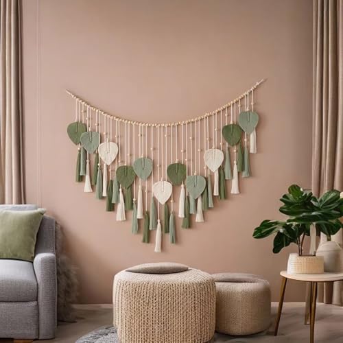 ANAZOZ Makramee Wandbehang Groß, Wandbehang Boho Deko Wimpel Makramee Wandteppich Baumwolle Gewebte Beige - Makramee Girlande Mit Kurzem Quasten 110x25cm von ANAZOZ
