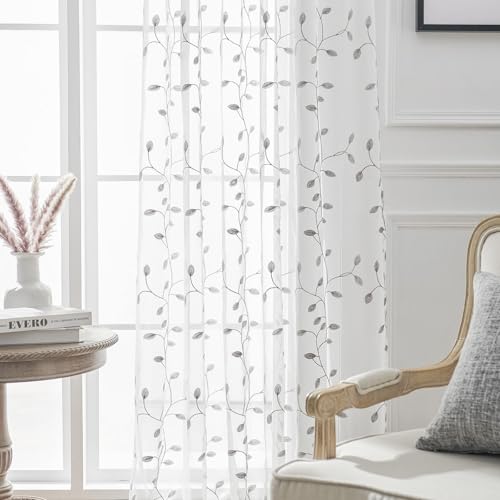 ANAZOZ Scheibengardinen 132x137 cm, Bistrogardine 2er Set Modern mit Gestickten Blättern, Fenster Vorhänge Stangendurchzug von ANAZOZ