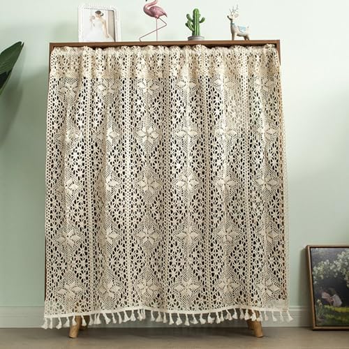 ANAZOZ Scheibengardinen 200 cm Breit, Halbtransparent Bistrogardine Spitze Häkel mit Quaste, Gardine Vorhang Stangendurchzug 200x60cm von ANAZOZ