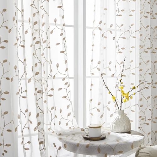 ANAZOZ Scheibengardinen 76 cm Breit, Bistrogardine Kurz Modern 2er Set mit Gestickten Blättern, Vorhang Stangendurchzug Landhausstil 76x76cm von ANAZOZ