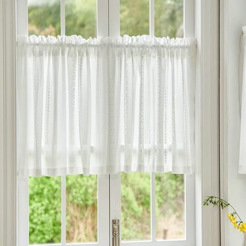 ANAZOZ Scheibengardinen 80 cm Hoch 200 cm Breit, Bistrogardine Halbtransparent Einfarbig Weiß mit Geometrischem Muster, Fenstervorhang Stangendurchzug 200x80cm von ANAZOZ