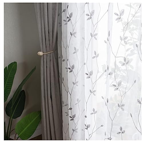 ANAZOZ Vorhänge Halbtransparent Kräuselband 2er Set, Voile Moderne Gardinen Wohnzimmer Leinen 140x215cm Zweig-Und Blätterstickerei von ANAZOZ