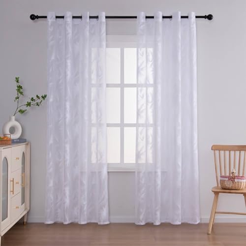 ANAZOZ Vorhänge Schlafzimmer Weiß, Vorhang Halbtransparent Ösen 2er Set 140x175 cm(Breite x Höhe) Gardinen Polyester Einfarbiges Weiß mit Palmenmuster von ANAZOZ