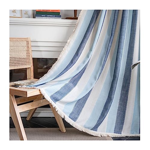ANAZOZ Vorhang Halbtransparent Schlafzimmer 2er Set, Voile Vorhang Wohnzimmer Modern Baumwolle 132x300cm Blaue Streifen mit Quaste von ANAZOZ