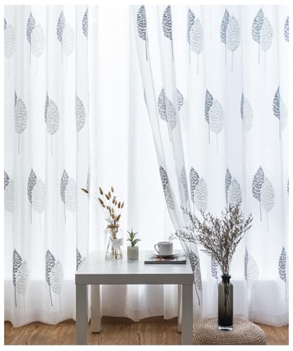 ANAZOZ Vorhang Weiß Halbtransparent, Vorhänge Wohnzimmer Ösen 2er Set 96x138 cm(Breite x Höhe) Vorhange Polyester Einfarbiges Weiß mit Aufgestickten Bäumen von ANAZOZ