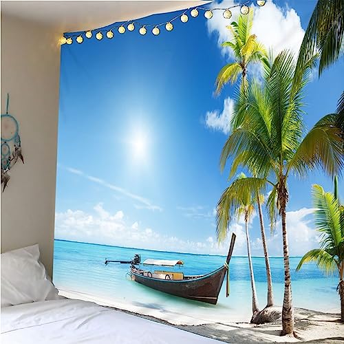 ANAZOZ Wandteppich Meer Strand 240x220, Wandbehang Polyester Palmen Boots und Meeresmuster Tapisserie für Wohnzimmer Schlafzimmer von ANAZOZ