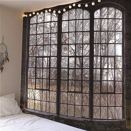 ANAZOZ Wandtuch Fenster 150x130, Wandteppiche Polyester Schneelandschaft Vor Dem Fenster Wanddeko für Wohnzimmer Wohnheim von ANAZOZ