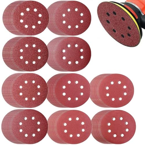 100 Stück Schleifpapier 125mm Klett, Schleifscheiben 125mm Klett Schleifpapier Set, Rund 8 Loch für Exzenterschleifer (10 x 40/60/80/120/180/240/320/400/600/800 Körnung) von ANBOO