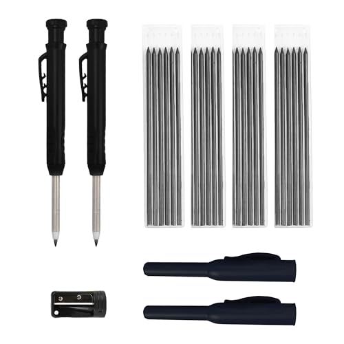 Tischler Bleistifte Set, 2 Solide Zimmermannsbleistifte mit 24 Bleistiftmine, Tieflochmarker Bleistift mit Eingebauter Spitzer für Bohrlochmarker auf Holz, Metall, Betonfliesen (Schwarz) von ANBOO