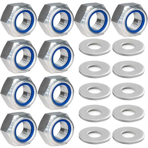 M10 Muttern, DIN985 20 Stk Standard A2 V2A Selbstsichernde Muttern Set mit 10 Stk M10 Muttern Edelstahl＆10 Stk M10 Unterlegscheiben Edelstahl, Stoppmutter Sicherungsmuttern Sechskantmuttern von ANBOO