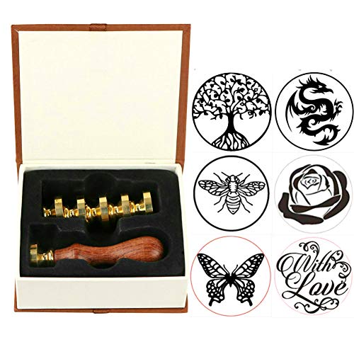 Biene Wachs Siegel Stempel set, ANBOSE Schmetterling Drachen Rose Blume Baum mit Liebe Wachs Siegel Stempel kit mit 6-teiligem Siegel Wachs stempel Kupfersiegel+1Holzgriff,Geschenkversiegelung von ANBOSE