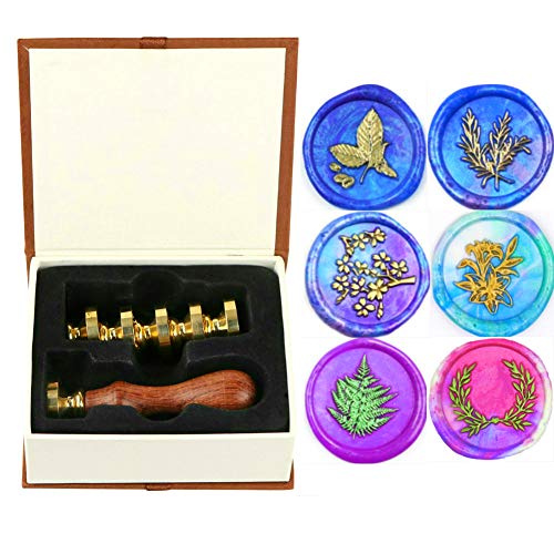 Pflanzen Wachs Siegel Stempel set, ANBOSE Rosmarin Blätter Blatt Lilie Farn Kranz Botanisch Wachs Siegel Stempel kit mit 6-teiligem Siegel Wachs stempel Kupfersiegel+1Holzgriff,Geschenkversiegelung von ANBOSE