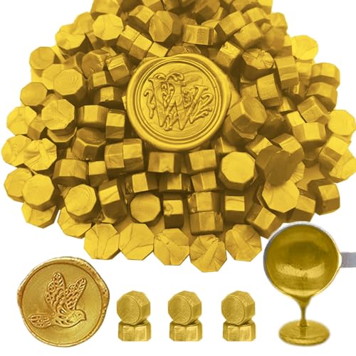 Wachssiegelperlen, ANBOSE 300 Stück Achteck-Gold-Siegelwachsperlen mit 2 Stück Metallic-Wachssiegelstift, 2 Stück Teekerzen und 1 Stück Wachsschmelzlöffel zum Versiegeln von Wachsstempeln von ANBOSE