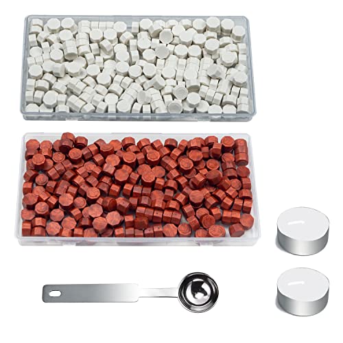 Wachs-Siegel-Perlen, ANBOSE 200 PCS Weiß+200 PCS Neu Weinrot Siegel-Wachs-Perlen mit 1PCS Wachs-Schmelz-Löffel und 2 Kerzen, Wachs-Siegel-Kit für Party-Einladungen von ANBOSE