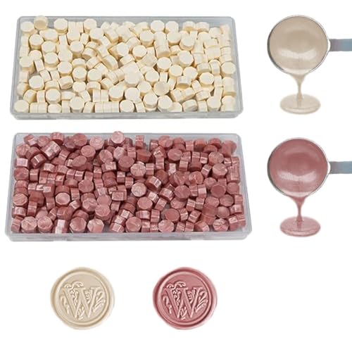 Wachssiegelperlen, ANBOSE 200 PCS Milchweiß plus 200 PCS Roségold Siegelwachsperlen mit 1PCS Wachsschmelzlöffel und 2 Kerzen, Wachs-Siegel-Kit für Party-Einladungen von ANBOSE