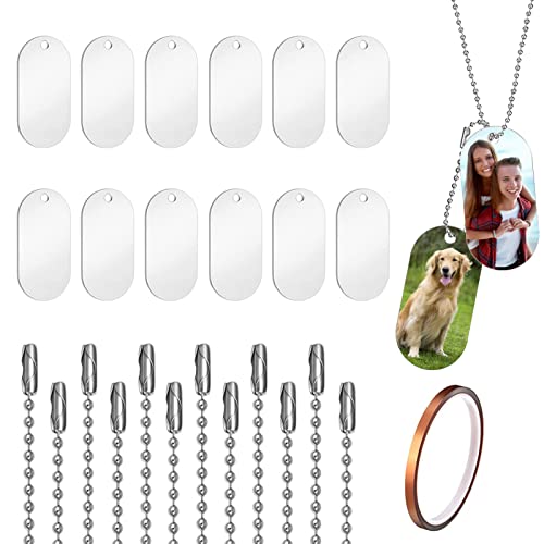 ANBOWEI 12 Stück Hundemarke Sublimation Rohlinge mit 12 Dog Tag Kugelkette und 1 Hitzebeständiges Klebeband, Doppelseitig Sublimation Militärische Stil Erkennungsmarke fur DIY(Weiß) von ANBOWEI