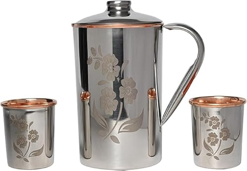 ANCIENTIMPEX Wasserkrug aus Edelstahl und reinem Kupfer mit 2 passenden Bechern für Ayurveda-Gesundheitsvorteile (150 ml). (Blumenmuster), ANC-CJ-95 von ANCIENTIMPEX