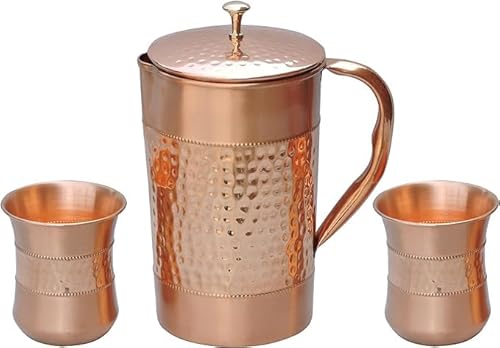 ANCIENTIMPEX Wasserkrug aus reinem Kupfer mit 2 Kupfergläsern (gehämmertes und einfarbiges Muster) für Ayurveda-Gesundheitsvorteile (mit gebogenem Glas), ANC-CJ-100 von ANCIENTIMPEX