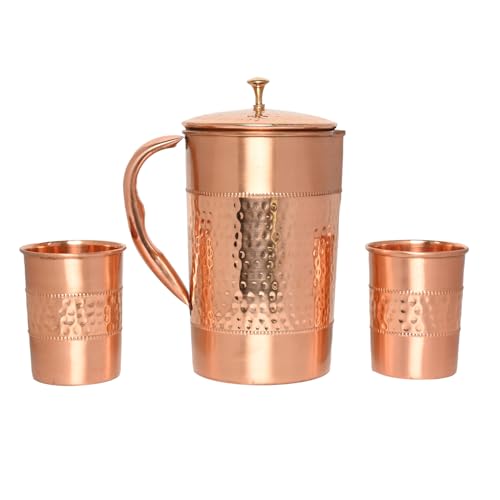 Wasserkrug aus reinem Kupfer mit 2 Kupfergläsern (gehämmertes und einfarbiges Muster) für Ayurveda-Gesundheitsvorteile (mit geradem Glas) von ANCIENTIMPEX