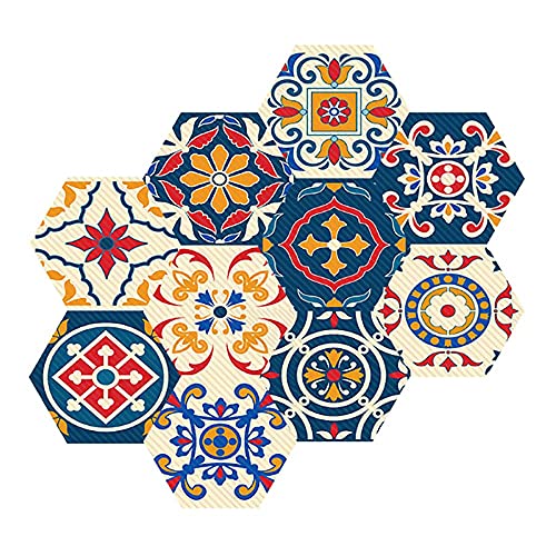 ANCLLO 10 Stück Böhmische Hexagon Peel and Stick Wandverkleidung selbstklebend wasserdicht Fliesenaufkleber für Zuhause Küche Wohnzimmer Wand Boden von ANCLLO