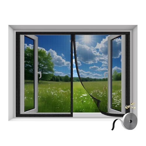 Magnet Fliegengitter Fenster 80x90(WxH) Schwarz verstärkt Magnetischer Fliegenvorhang mit Klettband selbstklebend für Türen und Fenster unterschiedlicher Größe von ANDHMAIY