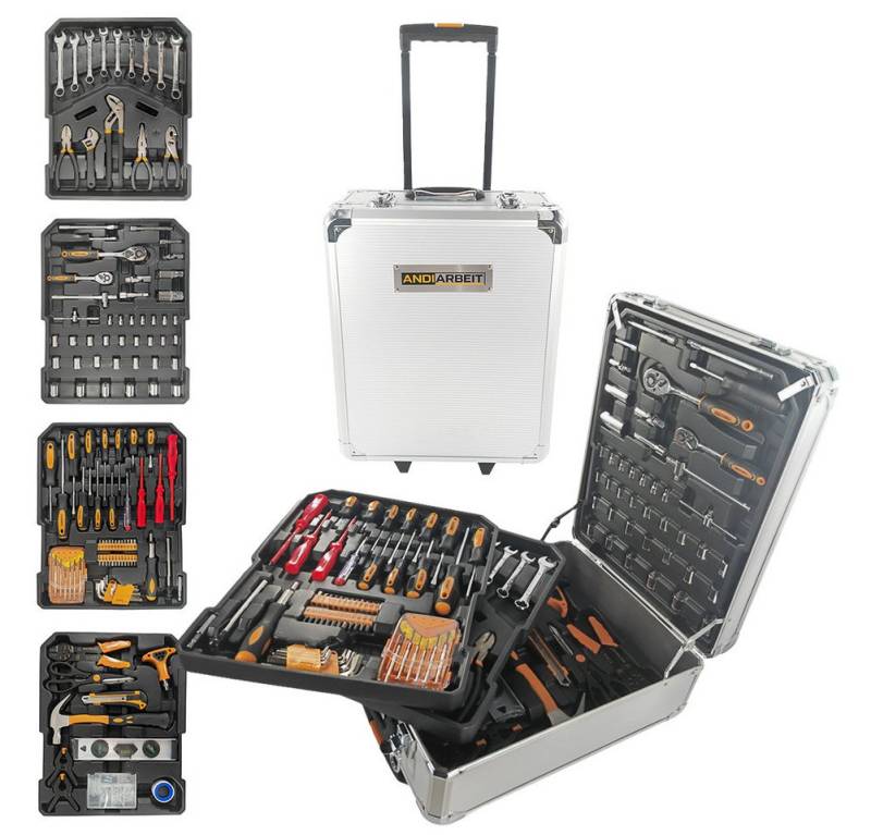 ANDIARBEIT Werkzeugset "Alleskönner" Werkzeugkoffer Trolley 1000-tlg., (Hammer, Wasserwaage, Cuttermesser, Schere, Crimpzange, Isolierband, Schrauben, u.v.m) von ANDIARBEIT
