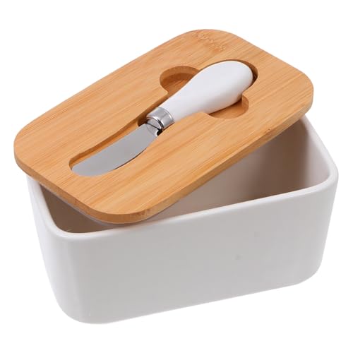 ANDRESLAD Keramische Butterdose mit Bambusdeckel und Integriertem Buttermesser Kleine Butterdose zur Frischhaltung Kratzfeste Porzellan Butteraufbewahrung Lebensmittelecht Sicherer Schutz von ANDRESLAD