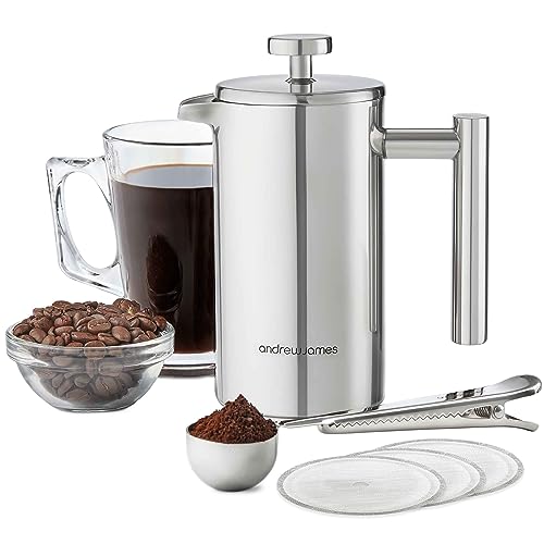Andrew James Pressstempelkanne 350 ml Edelstahl doppelwandig Geschenk-Set mit Kaffee-Messlöffel und Versiegelungs-Clip von ANDREW JAMES